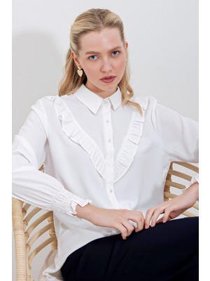Bigdart 20223 Fırfırlı Uzun Kol Gömlek - Beyaz