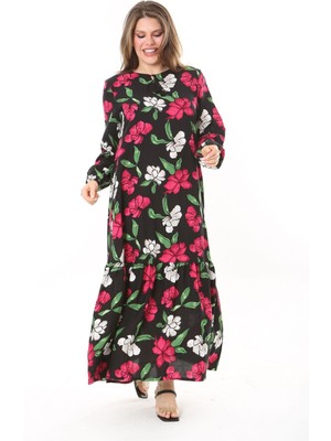 Şans Kadın Kahve Dokuma Viskon Kumaş Eteği Katlı Uzun Kollu Elbise 65N37867