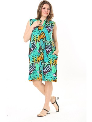 Şans Kadın Büyük Beden Yeşil V Yakalı Desenli Kolsuz Elbise 65N37886