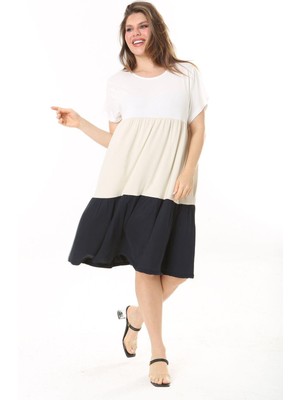 Şans Kadın Büyük Beden Renkli Renk Kombinli Katlı Kısa Kol Elbise 65N37874