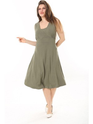 Şans Kadın Haki Anvelop Yakalı Arka Bel Lastikli Kolsuz Likralı Viskon Elbise 65N37872