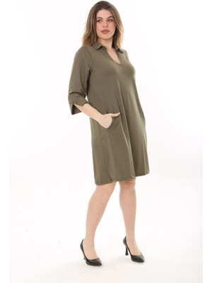 Şans Kadın Büyük Beden Haki V Yakalı Cepli Krep Elbise 65N37658
