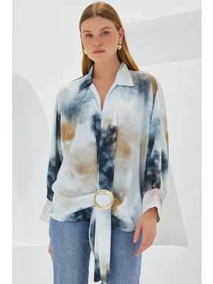 Bigdart Kadın Antrasit Ekru Oversize Dökümlü Saten Gömlek 907