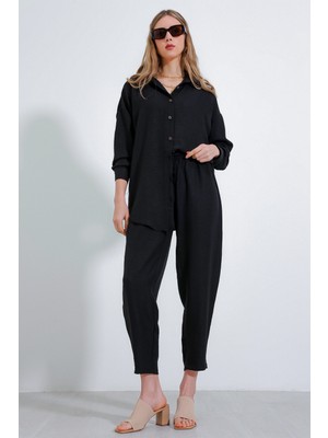 Bigdart Kadın Siyah Oversize Keten Alt Üst Takım 6622