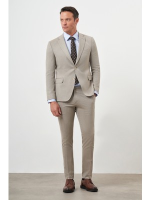 Morven  Erkek Kahve Poliviskon Trend Çizgili Desen Slim Fit Mono Yaka Takım Elbise