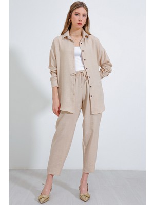Bigdart Kadın Bej Oversize Keten Alt Üst Takım 6622