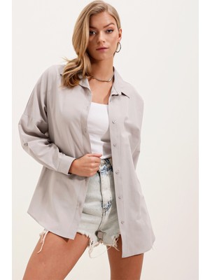 Bigdart Kadın Gri Düz Oversize Uzun Basic Gömlek 3900