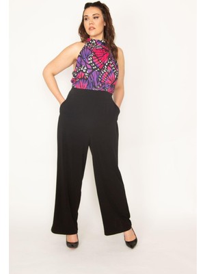 Şans Kadın Siyah Halter Yaka Bluz Kısmı Desenli Cepli Tulum 65N32748