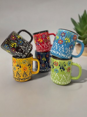 Artistic Quality Dekoratif Çini Işlemeli Büyük Kupa, Duble Kahve Fincanı, Ayran Bardağı, Meşrubat Bardağı 6 Adet