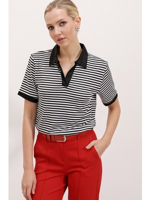 Bigdart Kadın Siyah Polo Yaka Çizgili Tişört 0499