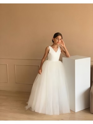 NSM Kids Life Kız Çocuk Beyaz V Yaka Uzun Tasarım Abiye Elbise Mezuniyet Elbise