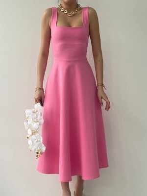 Quadre Kalın  Askılı  Kare  Yaka  Midi  Boy  Elbise