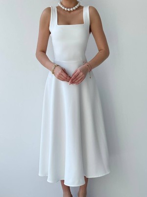 Quadre Kalın  Askılı  Kare  Yaka  Midi  Boy  Elbise