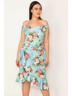 Şans Tekstil Kadın Renkli Bel Drapeli Etek Ucu Volanlı Elbise