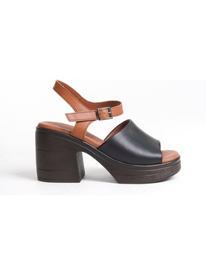 Tamdabu Ayakkabı Deri Siyah Taba 10 cm Platform Ortopedik Tekbant Kadın Terlik TMD202499