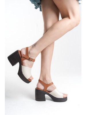 Tamdabu Ayakkabı  Deri Krem Taba 10 cm Platform  Tek Bant Kadın Sandalet TMD202499