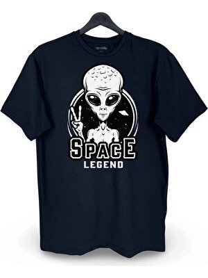 nirvoda Space Legend Uzaylı Baskılı Loose Fit Bisiklet Yaka Unisex Tişört Siyah