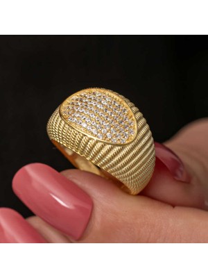 Stil Love Gümüş Gold Zirkon Taşlı Kadın Yüzük