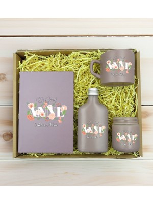 Bk Gift Kişiye Özel Isimli Dtf Anne Temalı Mat Gri Defter & Kahve Fincanı & Kolonya & Mum Hediye Seti-4, Anneye Hediye, Anneler Günü Hediyesi