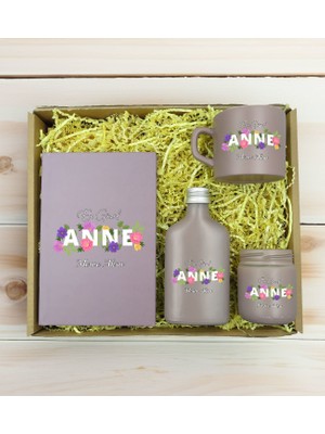 Bk Gift Kişiye Özel Isimli Dtf Anne Temalı Mat Gri Defter & Kahve Fincanı & Kolonya & Mum Hediye Seti-3, Anneye Hediye, Anneler Günü Hediyesi