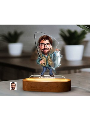 Bk Gift Kişiye Özel Balıkçı Karikatürlü Dekoratif 3D Biblo LED Işıklı Gece Lambası-1, Arkadaşa Hediye