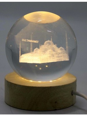 Rahan 3D LED Işık Gecelambası Cam Küre Tek Renk Günışığı Ahşap Ayasofya Cami Gece Lambası7 cm