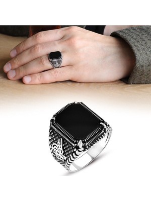 Ksr Moda Oniks Taşlı Pençe Model Tuğralı 925 Ayar Erkek Gümüş Yüzük