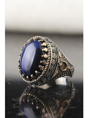 Ksr Moda Ksrmoda Mavi Kaplangözü Taşlı Ayyıldız Işlemeli 925 Ayar Gümüş Erkek Yüzük