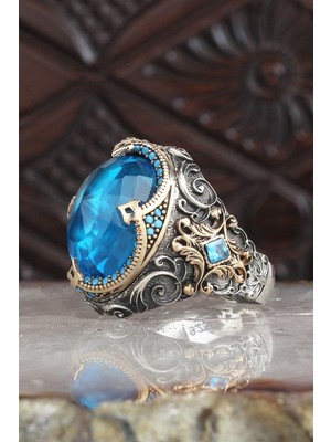 Ksr Moda Blue Topaz Taşlı 925 Ayar Erkek Gümüş Yüzük