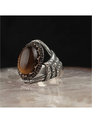 Ksr Moda Kaplangözü Taşlı Kalem Işçilikli 925 Ayar Erkek Gümüş Yüzük