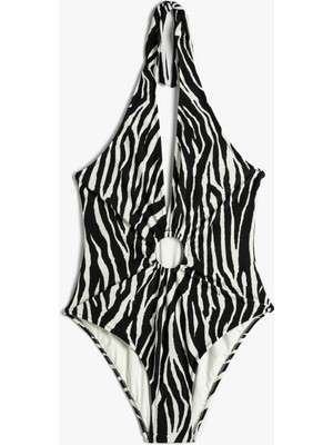 Koton Halter Yaka Mayo Zebra Desenli Derin V Yaka Pencere Detaylı