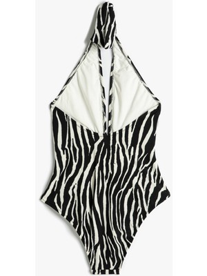 Koton Halter Yaka Mayo Zebra Desenli Derin V Yaka Pencere Detaylı