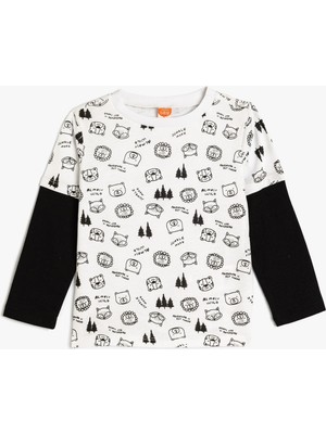 Koton Uzun Kollu Tişört Erkek Çocuk Pamuklu Hayvanlar Baskılı Ekru Renkli Şık Tasarım