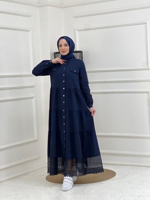 Vellichor Dantelli Doğal Kumaşlı Boydan Düğmeli Kot Elbise- Mavi