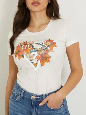 Guess Kadın Çiçek Logolu Steç T-Shirt