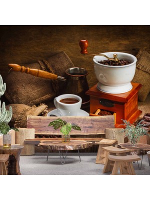Duvar Kağıdı Baskı Kahve Öğütme ve Cezve Temalı Cafe Duvar Kağıdı Baskı