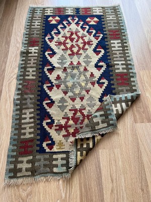 DesignEv 68X110 cm El Dokuma Güneybatı Stili Küçük Kilim Yeşil ve Lacivert Renkler