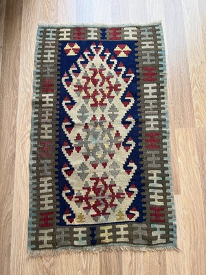 DesignEv 68X110 cm El Dokuma Güneybatı Stili Küçük Kilim Yeşil ve Lacivert Renkler