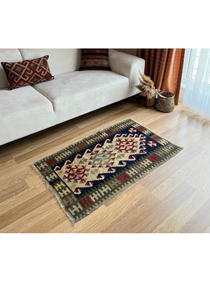 DesignEv 68X110 cm El Dokuma Güneybatı Stili Küçük Kilim Yeşil ve Lacivert Renkler