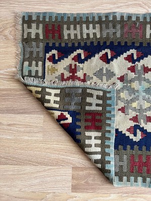 DesignEv 68X110 cm El Dokuma Güneybatı Stili Küçük Kilim Yeşil ve Lacivert Renkler