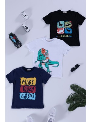 For You Kids 3'lü Dinazor Baskılı Siyah Lacivert Beyaz Tshirt