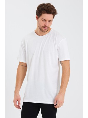 Quhox Erkek Pamuk Modal Oversize T-Shirt Beyaz