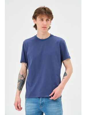 Quhox Erkek Bisiklet Yaka Regular Kalıp T-Shirt  Indigo