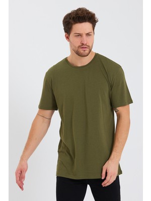 Quhox Erkek Pamuk Modal Oversize T-Shirt Haki