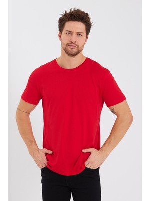 Quhox Erkek Pamuk Modal Regular Fit T-Shirt Kırmızı