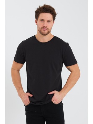 Quhox Erkek Pamuk Modal Regular Fit T-Shirt Siyah