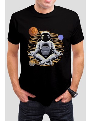 T-35 Astronot Gezegen Baskılı Siyah  Tişört C653