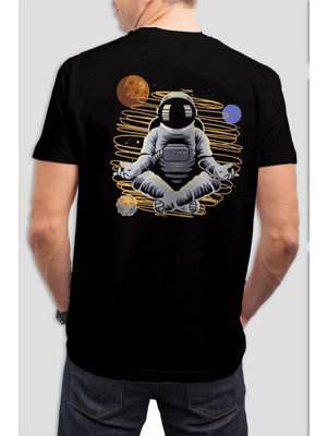 T-35 Astronot Gezegen Baskılı Siyah  Tişört C654