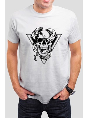 T-35 Kuru Kafa Yılan Baskılı Beyaz  Tişört C676