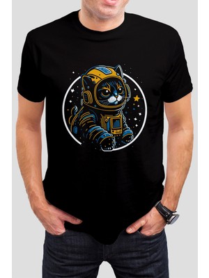 T-35 Astronot Kedi Baskılı Siyah  Tişört C644